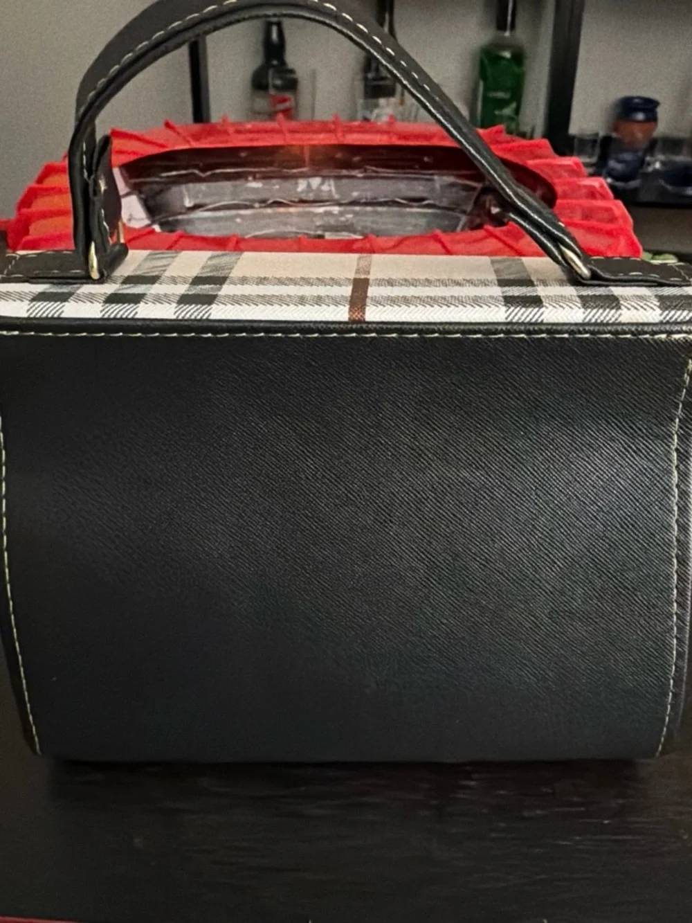 Beige Plaid Crossbody Bag with Black Trim